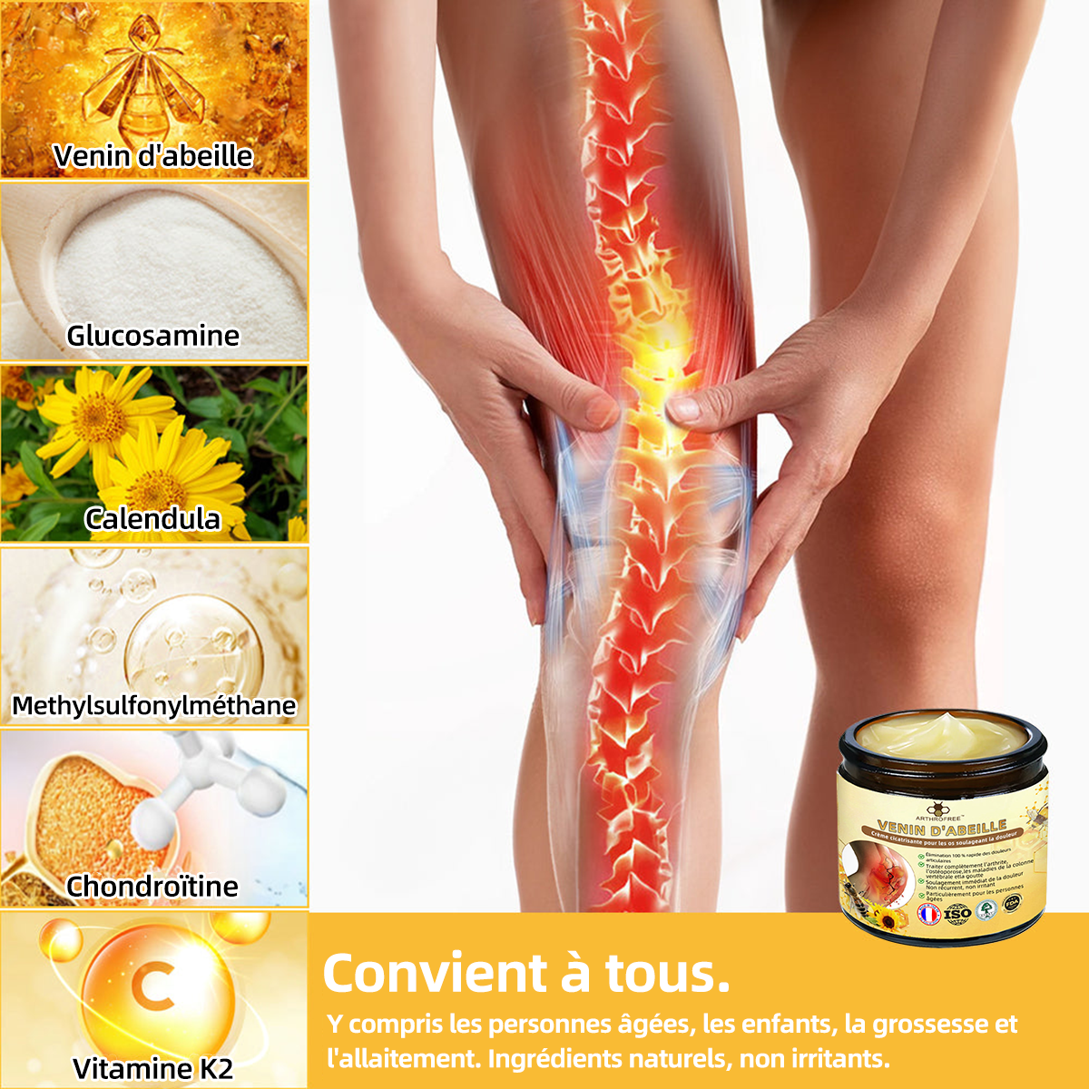 🐝ArthroFree™ Crème de guérison osseuse à soulagement de la douleur au venin d'abeille (Spécialement conçue pour les personnes âgées et recommandée par la Société Française d'Orthopédie et de Traumatologie - SOFCOT)💥